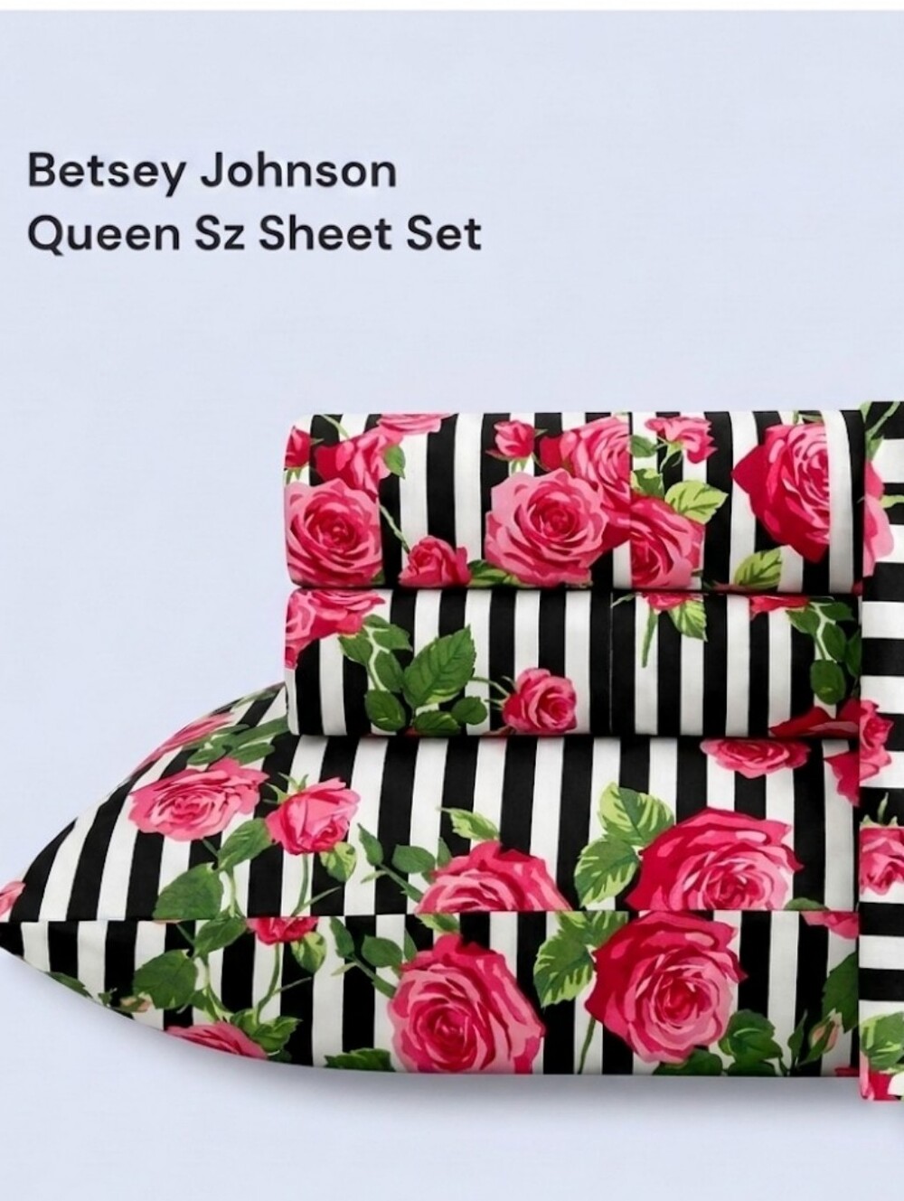 Nwt Betsey Johnson Queen Sheet Set - Pink Roses on Black & White Stripe